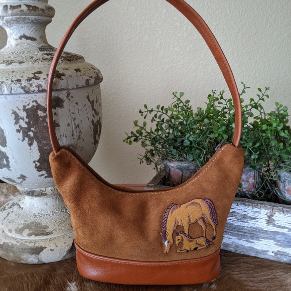 unbranded Handbags - Vintage Brown Suede Shoulder Bag With Horses Patch